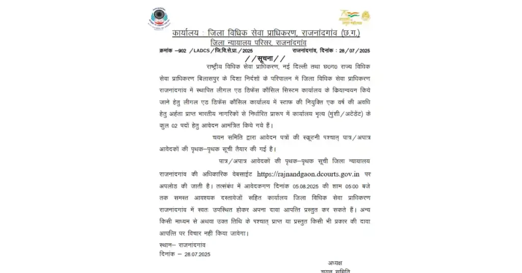 Rajnandgaon District Legal Services Authority released eligible-ineligible list for peon recruitment